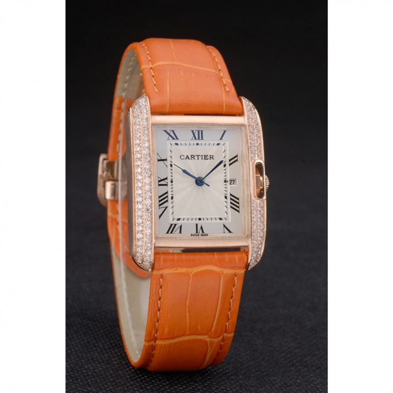Cartier Tank Anglaise 30mm White Dial Diamonds Gold Case Orange Leather Bracelet-2
