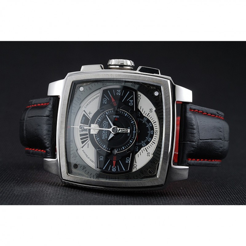 Luxury Replica Watches Tag Heuer Monaco Black-Green Perforated Leather Strap Black Dial 80308-4