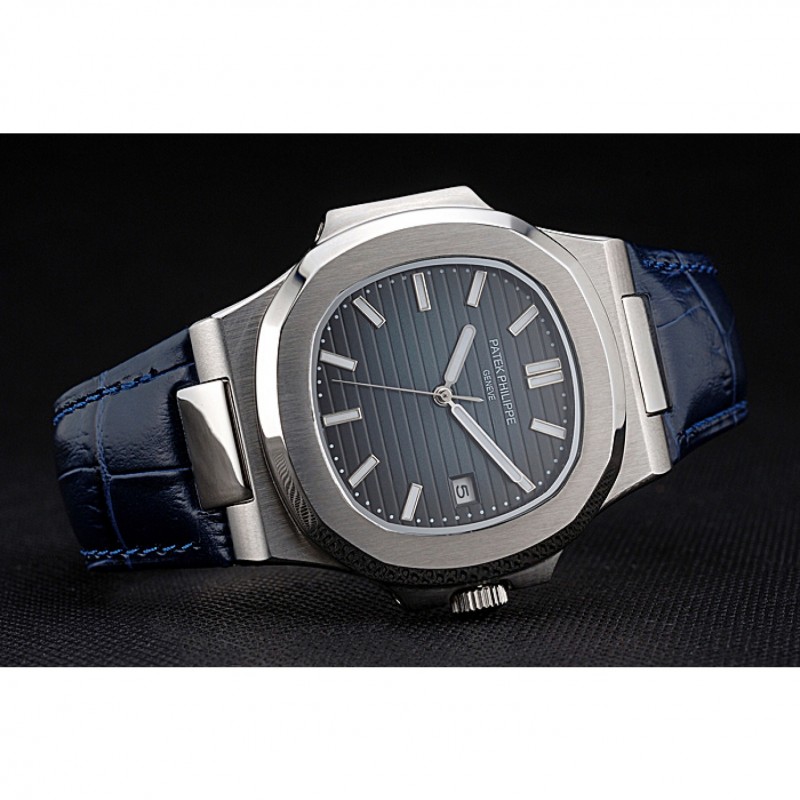Patek Philippe Nautilus Blue Dial Brushed Stainless Steel Case Blue Leather Strap-4