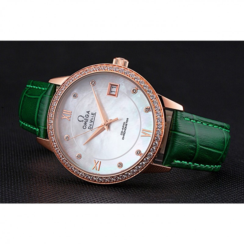 SS Replica Watches Omega DeVille Prestige Co-Axial Diamond Gold Case Mother-Of-Pearl Dial Green Leather Strap-3