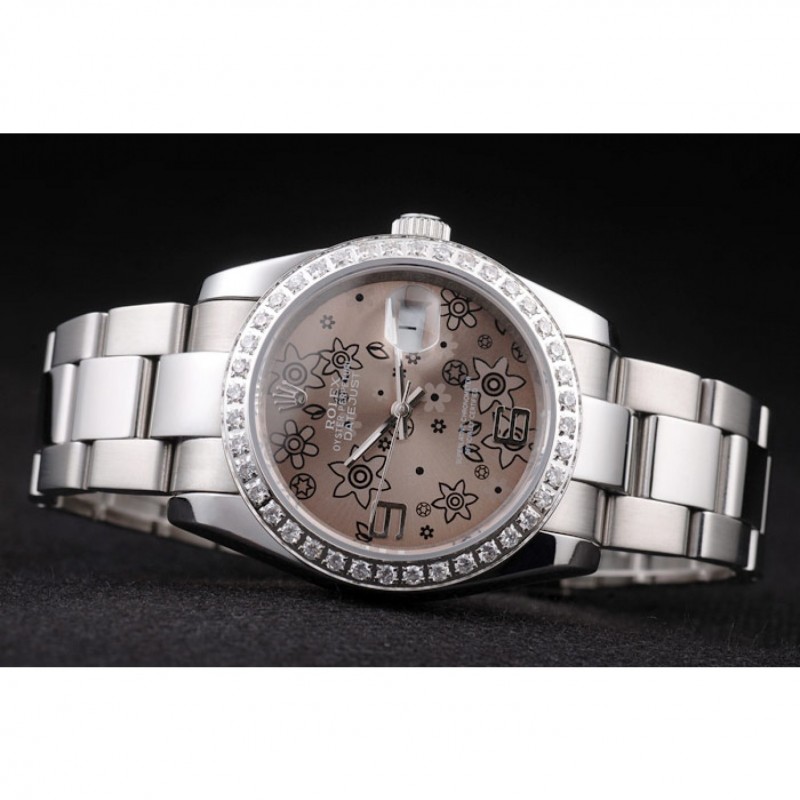 Rolex Datejust Polished Stainless Steel Brown Flowers Dial Diamond Plated-4