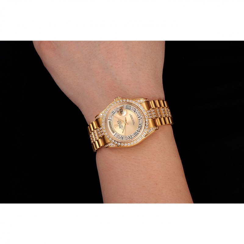 Swiss Rolex Day-Date Diamond Pave Gold Dial Gold Diamond Bracelet 1453954-8