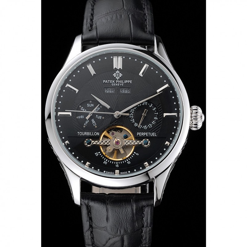 Cheap Replica Watches Patek Philippe Day Date Tourbillon Black Dial Stainless Steel Case Black Leather Strap 622839-1