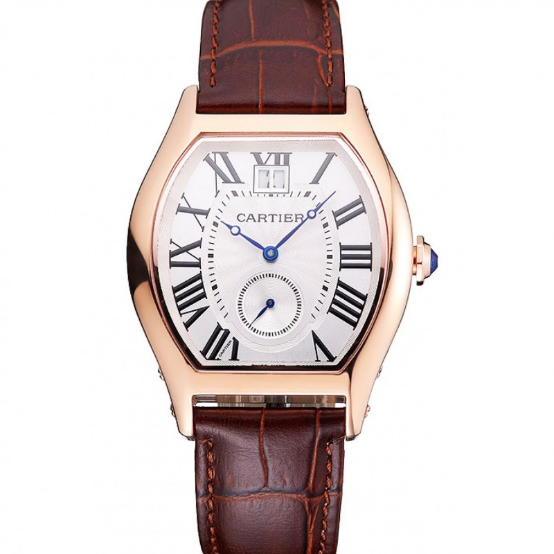 Cartier Tortue Large Date White Dial Gold Case Brown Leather Strap-0