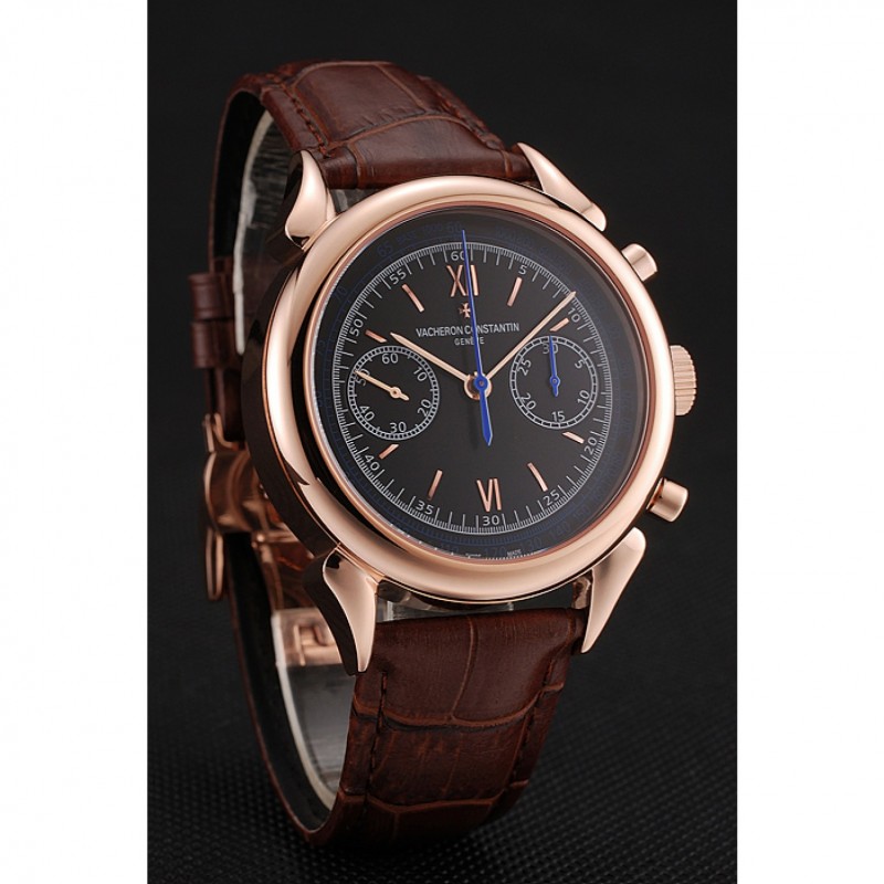 Swiss Vacheron Constantin Traditionnelle Chronograph Black Dial Gold Case Brown Leather Bracelet 1453995-1