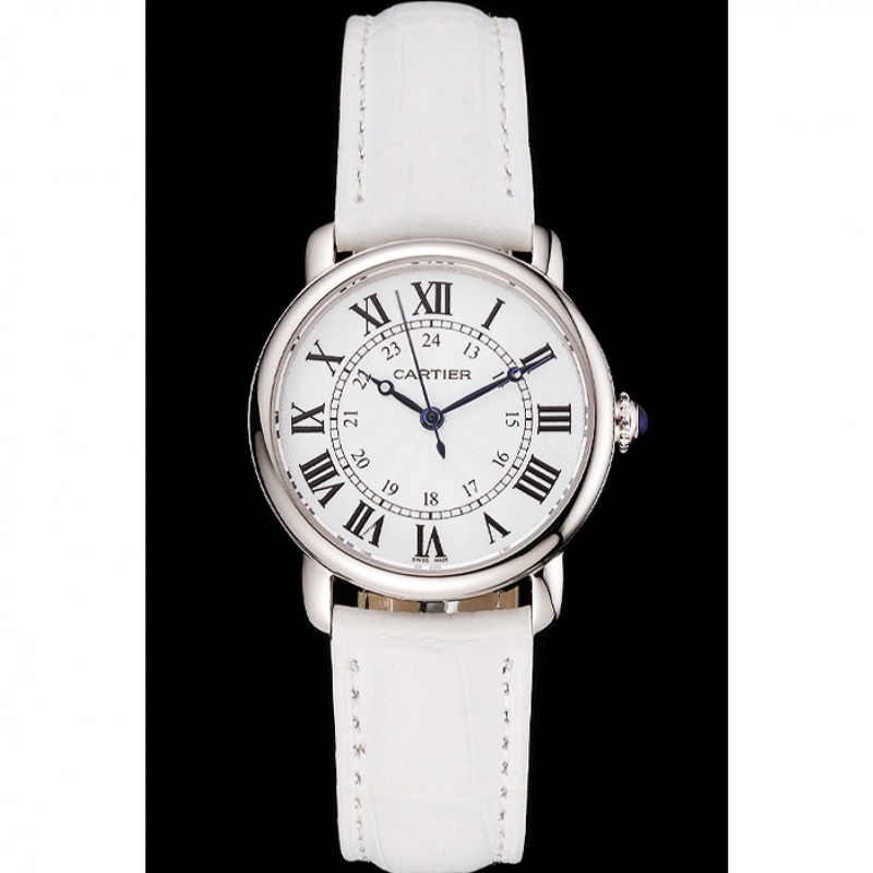 Cartier Ronde White Dial Stainless Steel Case White Leather Strap-1