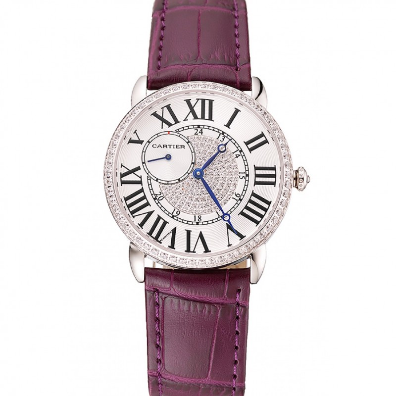 Cartier Ronde Louis Silver Diamond Case White Dial Purple Leather Bracelet 1454009-0