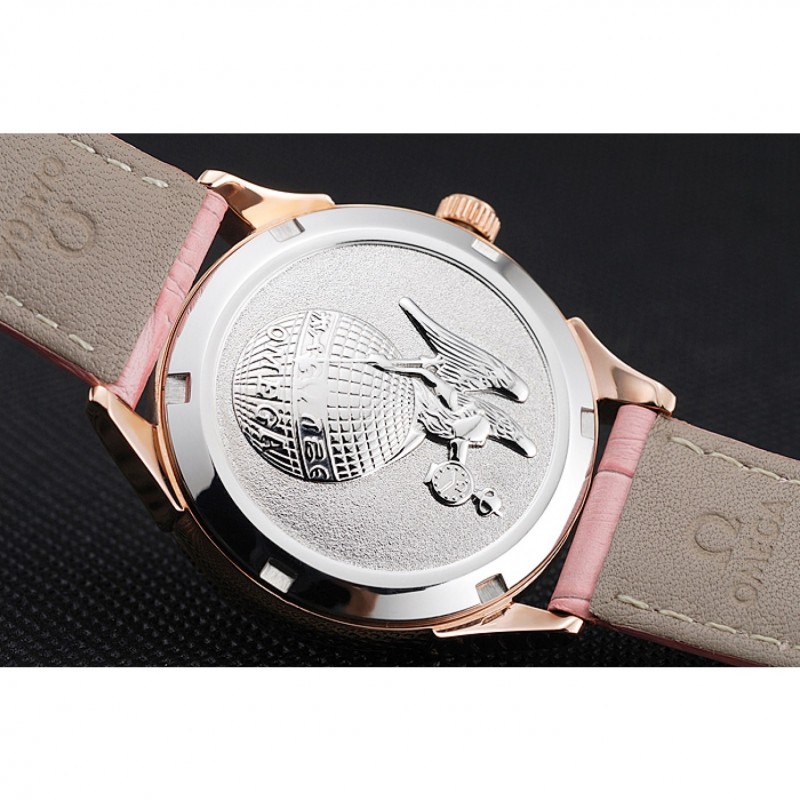 Cheap Omega DeVille Prestige Pink Dial Gold Diamond Case Pink Leather Bracelet 1454126-7
