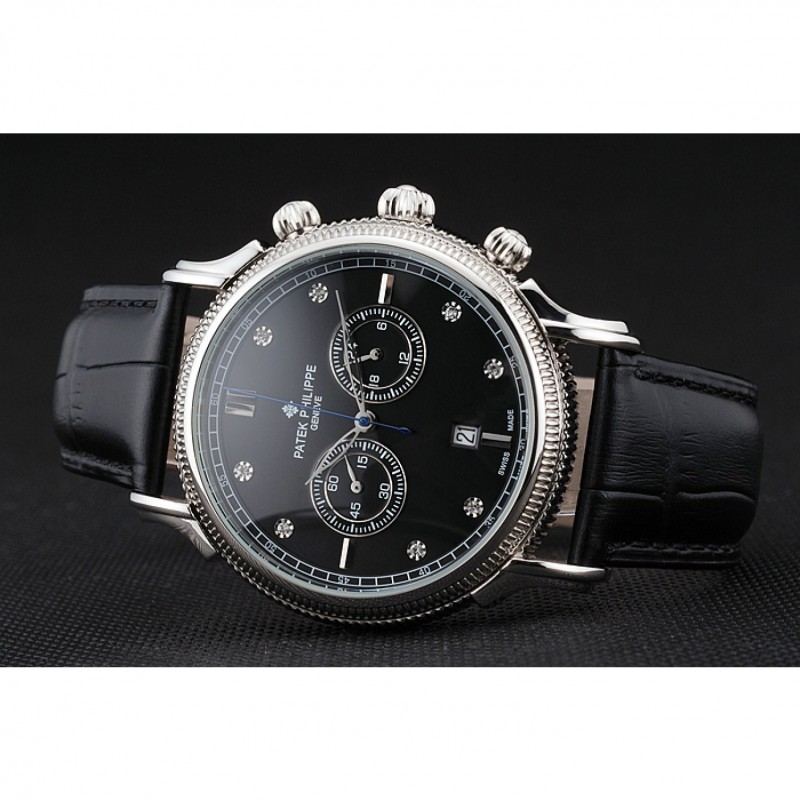 Patek Philippe Chronograph Black Dial With Diamonds Stainless Steel Case Black Leather Strap-3