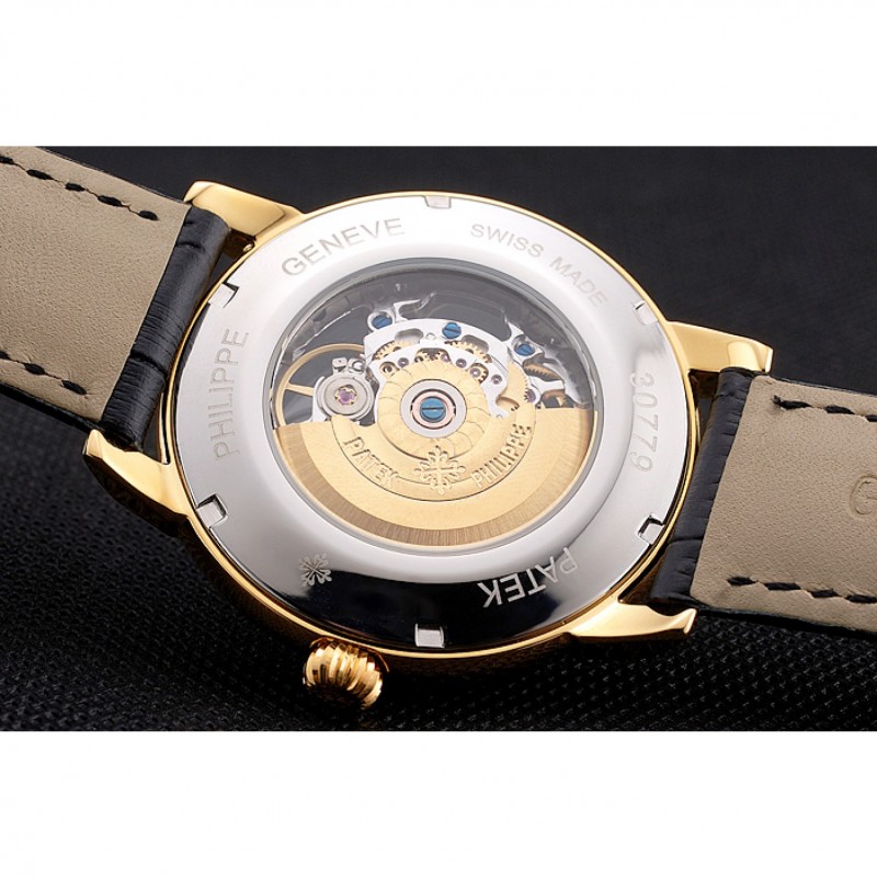 SS Swiss Patek Philippe Complications Openworked Dial Gold Case Diamond Bezel Black Leather Strap-8