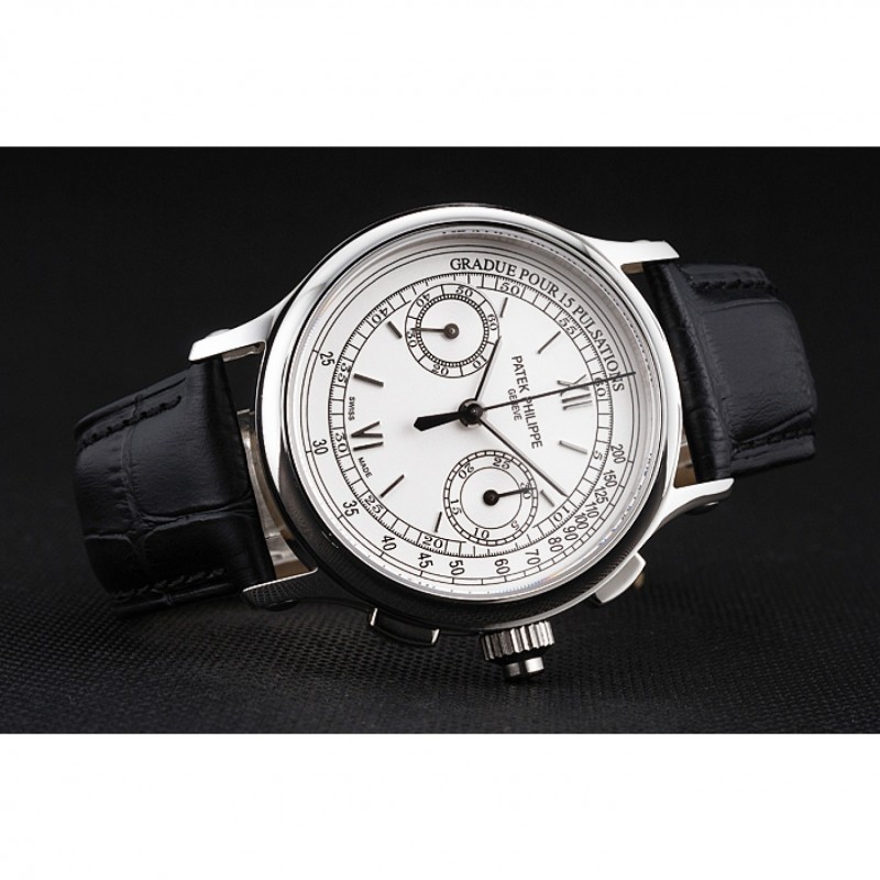 High Quality Replica Watches Swiss Patek Philippe 5170J Chronograph White Dial Stainless Steel Case Black Leather Strap-4