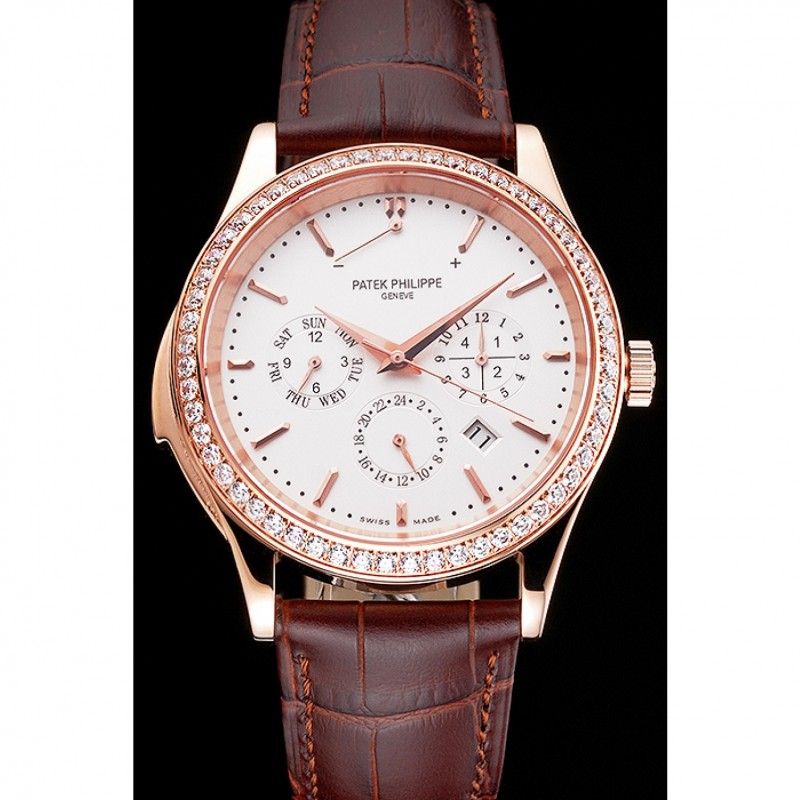 Cheap Replica Watches Swiss Patek Philippe Grand Complications Perpetual Calendar White Dial Rose Gold Case Diamond Bezel Brown Leather Strap-1