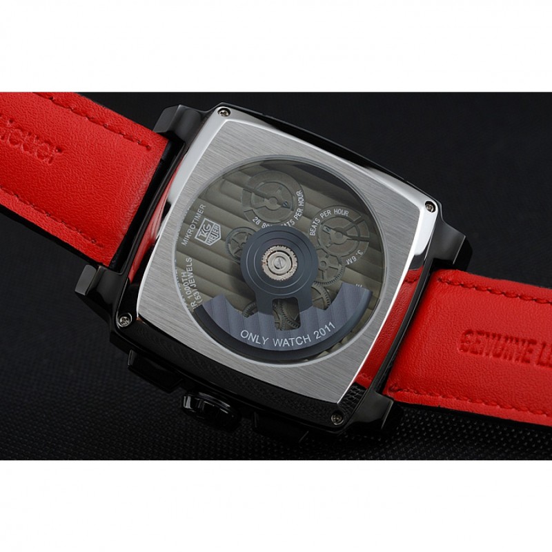 High Quality Tag Heuer Monaco Black-Red Perforated Leather Strap Black Dial 80309-5