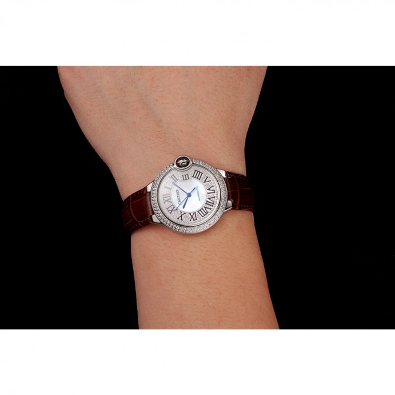High End Replica Watches Swiss Cartier Ballon Bleu 46 MM Diamond Dial Diamond Case Brown Leather Bracelet 1453895-8