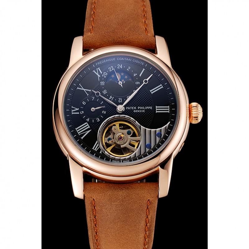 Best Replica Watches Patek Philippe Grand Complications GMT Moonphase Tourbillon Black Dial Rose Gold Case Brown Suede Leather Strap 1453821-1