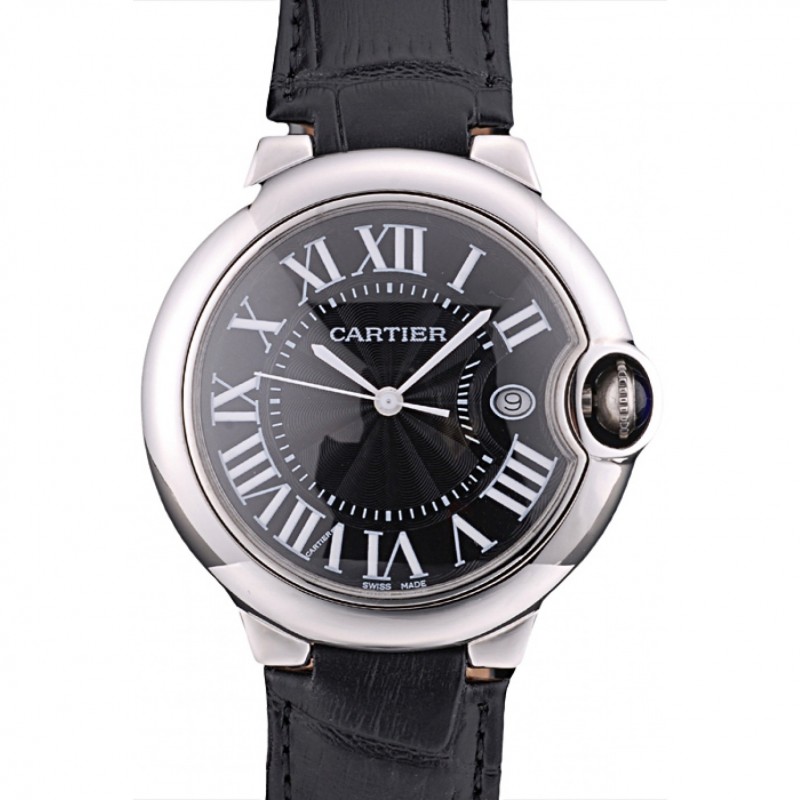 Cheap Replica Watches Cartier Ballon Bleu 38mm Black Dial Stainless Steel Case Black Leather Bracelet-0