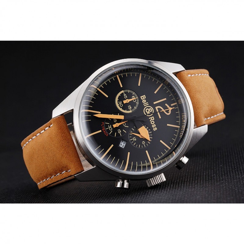 Bell and Ross BR126 Flyback Black Dial Silver Case Gold Numerals Brown Suede Leather Strap-4