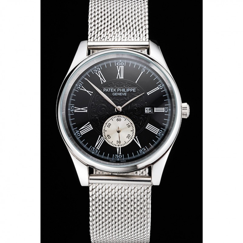 Patek Philippe Calatrava Small Seconds Black Engraved Dial Stainless Steel Case And Bracelet-1