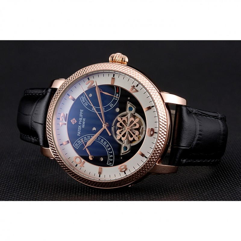 Best Replica Watches Patek Philippe Classic Tourbillon Power Reserve Black And White Dial Rose Gold Case Black Leather Strap-4