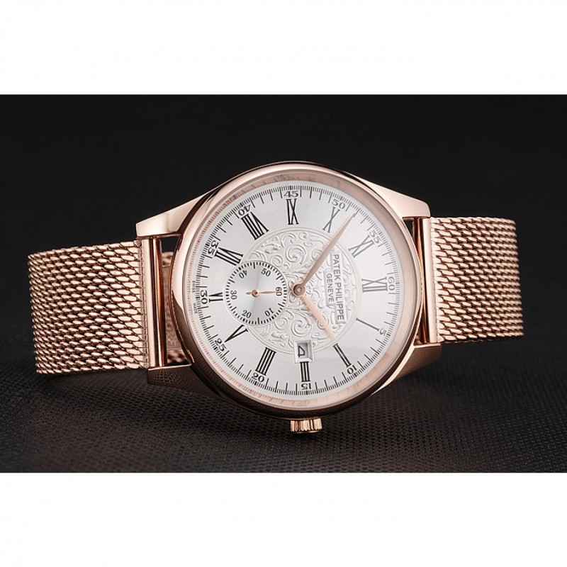 Patek Philippe Calatrava Small Seconds Silver Engraved Dial Rose Gold Case And Bracelet-3
