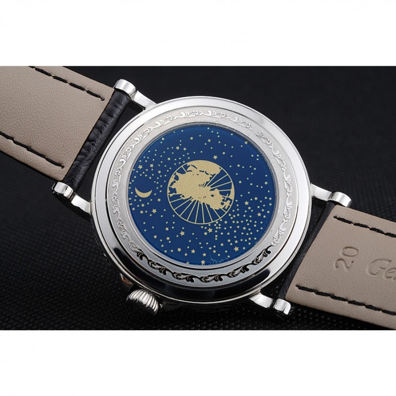 Patek Philippe Perpetual Calendar Retrograde Date Black Dial Engraved Silver Case Black Leather Bracelet 1454146-8