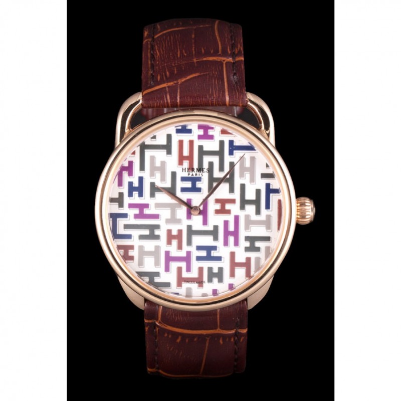 Hermes Classic Croco Leather Strap Multicolor Patterned Logo Dial 801402-2