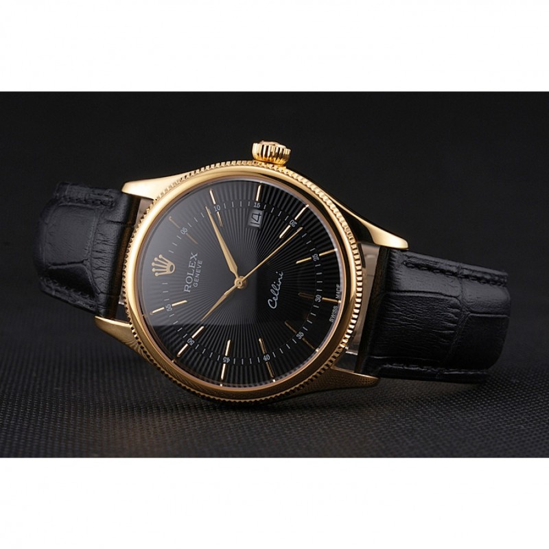 Swiss Rolex Cellini Date Black Dial Gold Case Black Leather Strap-3