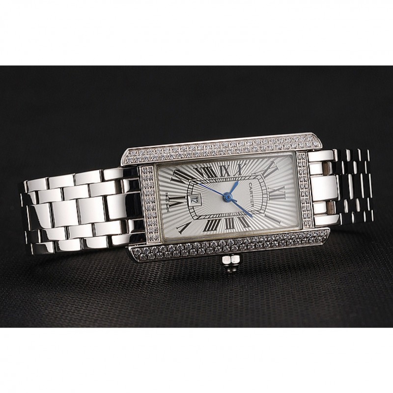 AAA Cartier Tank Americaine White Dial Diamond Bezel Stainless Steel Case And Bracelet 1453777-4