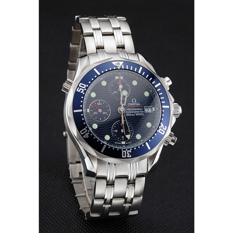 Swiss Omega Seamaster Chronograph 300m Blue Dial Blue Bezel Stainless Steel Case And Bracelet-2