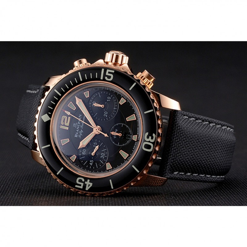 Swiss Blancpain Fifty Fathoms Flyback Chronograph Black Dial Black Bezel Rose Gold Case Black Canvas Strap-4