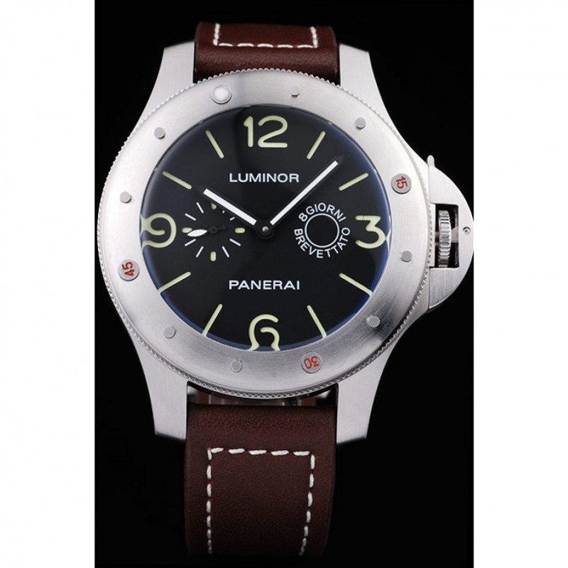 Panerai Luminor Brushed Stainless Steel Case Black Dial Dark Brown Leather Strap-1
