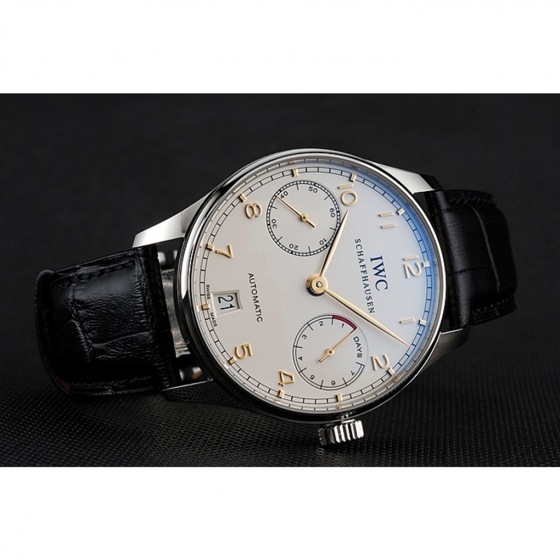 Swiss IWC Portuguese White Dial Gold Numerals Silver Case Black Leather Bracelet 1453908-2