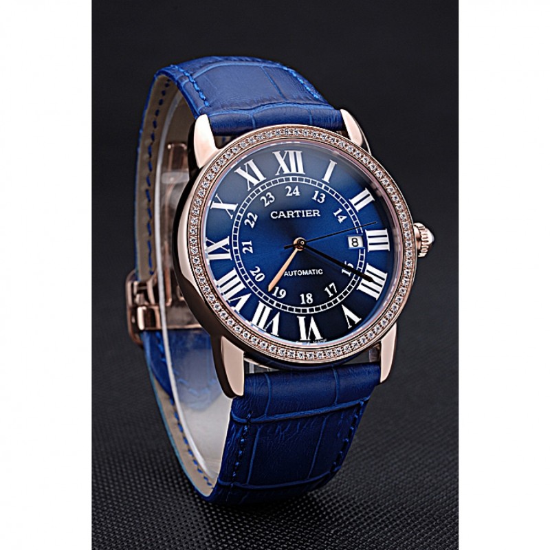 Swiss Cartier Ronde Solo Gold Diamond Case Blue Dial Roman Numerals 622208-2