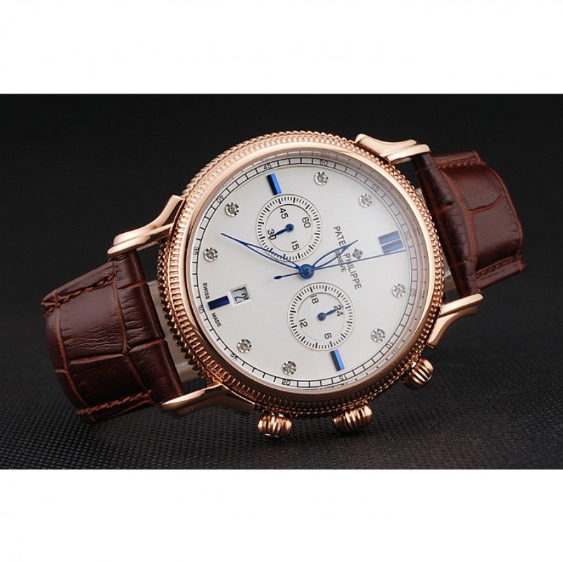 Best Patek Philippe Chronograph White Dial With Blue And Diamond Markings Rose Gold Case Brown Leather Strap-4