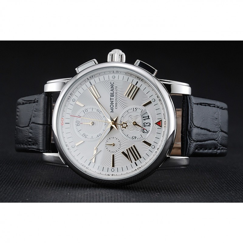 Best Montblanc Chronograph White Dial Black Leather Bracelet Silver Case 1454114-4