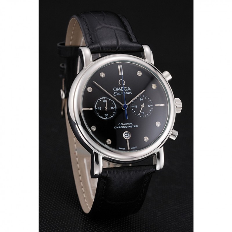 High Quality Omega Seamaster Vintage Chronograph Black Dial Diamond Hour Marks Stainless Steel Case Black Leather Strap-2