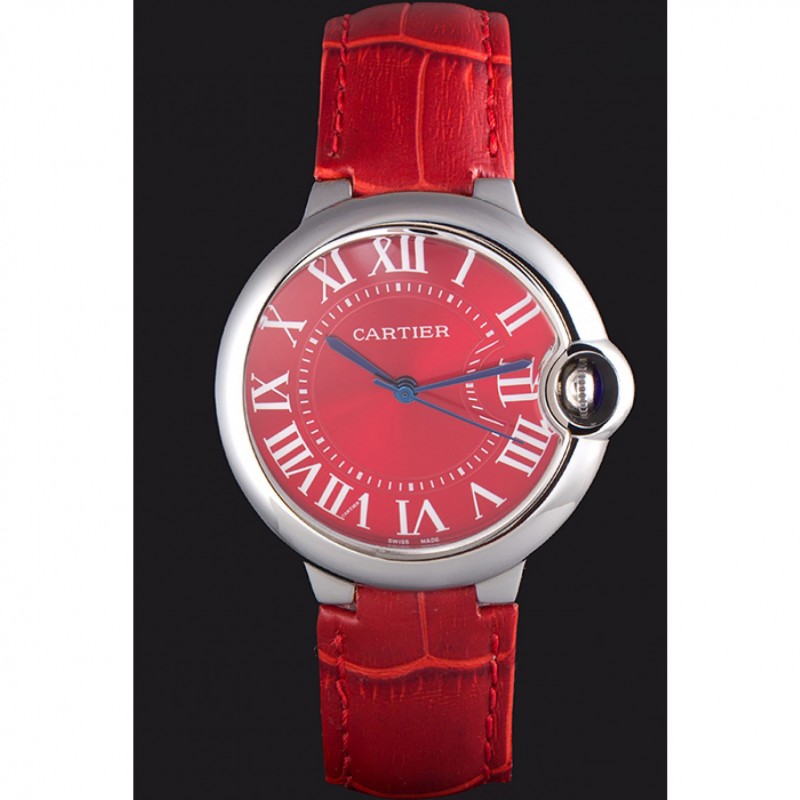 Luxury Replica Watches Cartier Ballon Bleu Silver Bezel with Red Dial and Red Leather Band 621556-1