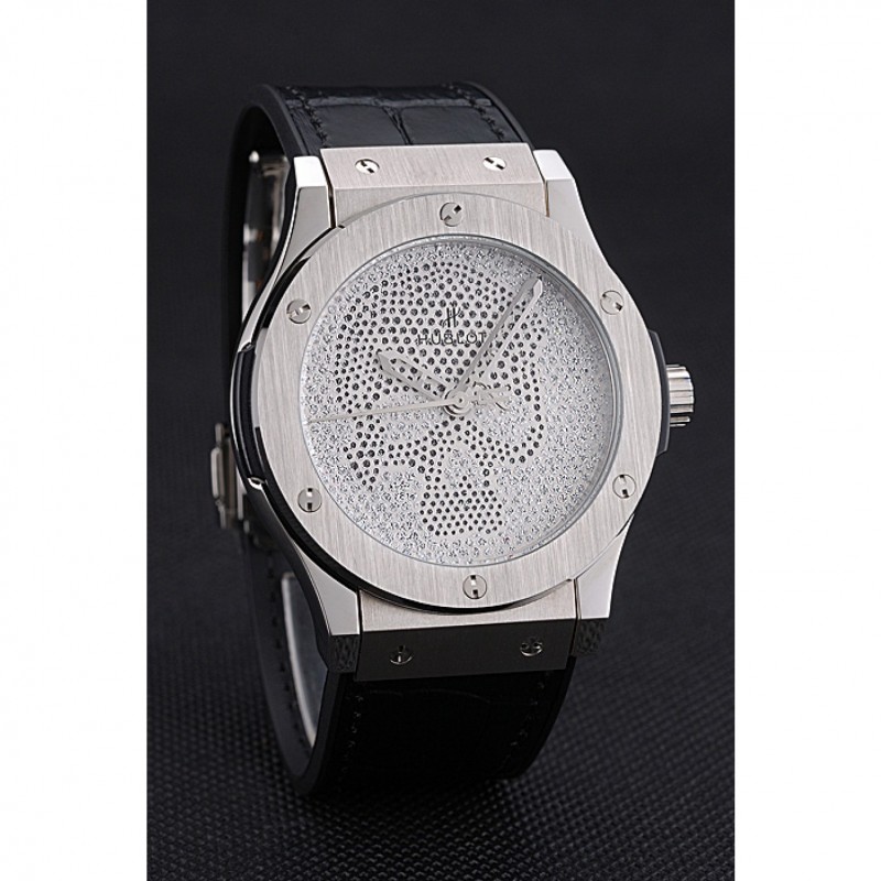 Hublot Classic Fusion Diamond Skull Dial Stainless Steel Case Black Leather Strap 622814-2