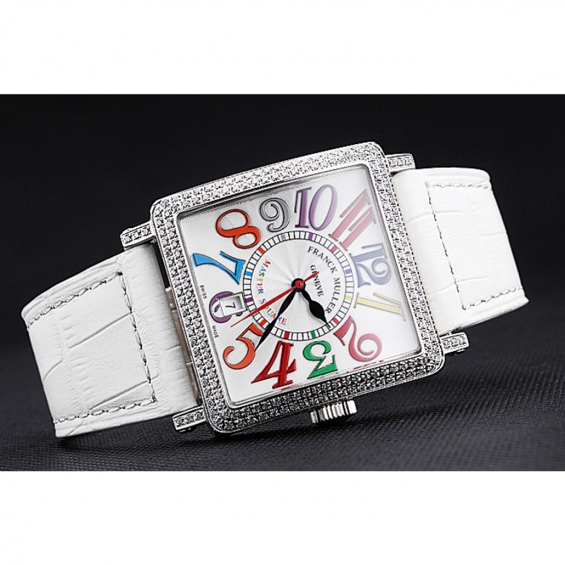 Franck Muller Master Square Color Dreams Diamonds Case White Leather Band 622356-2