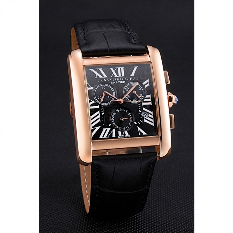 High Quality Cartier Tank MC Black Dial Gold Case Black Leather Bracelet 622694-2