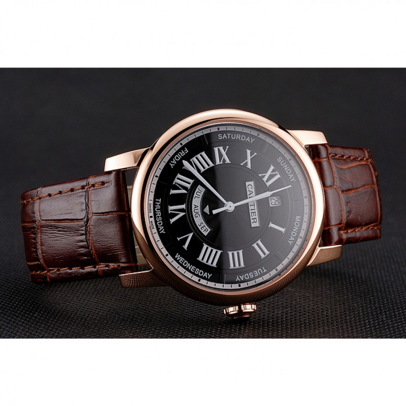 Swiss Cartier Rotonde Annual Calendar Black Dial Rose Gold Case Brown Leather Strap-4