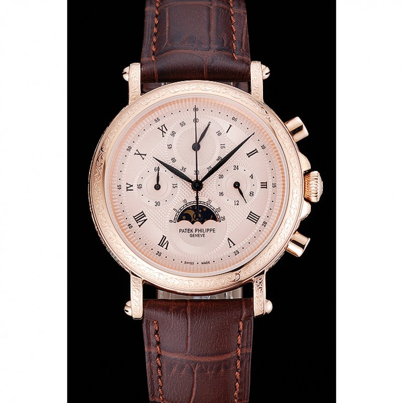 AAA Replica Watches Patek Philippe Grand Complications Rose Gold Dial Engraved Rose Gold Case Brown Leather Bracelet 1454142-1
