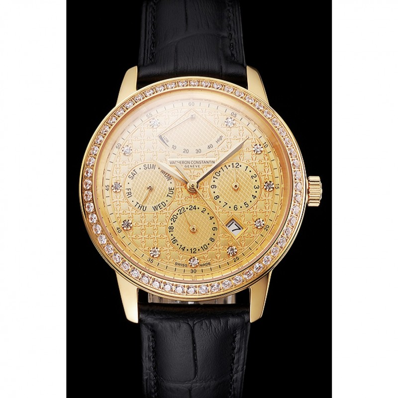 Swiss Vacheron Constantin Traditionnelle Power Reserve Gold Dial And Case Diamond Bezel Black Leather Strap-1