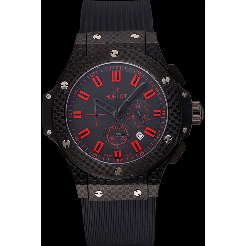 High Quality Replica Watches Hublot Big Bang Carbon Dial With Red Markings Carbon Case And Bezel Black Rubber Strap 622775-1