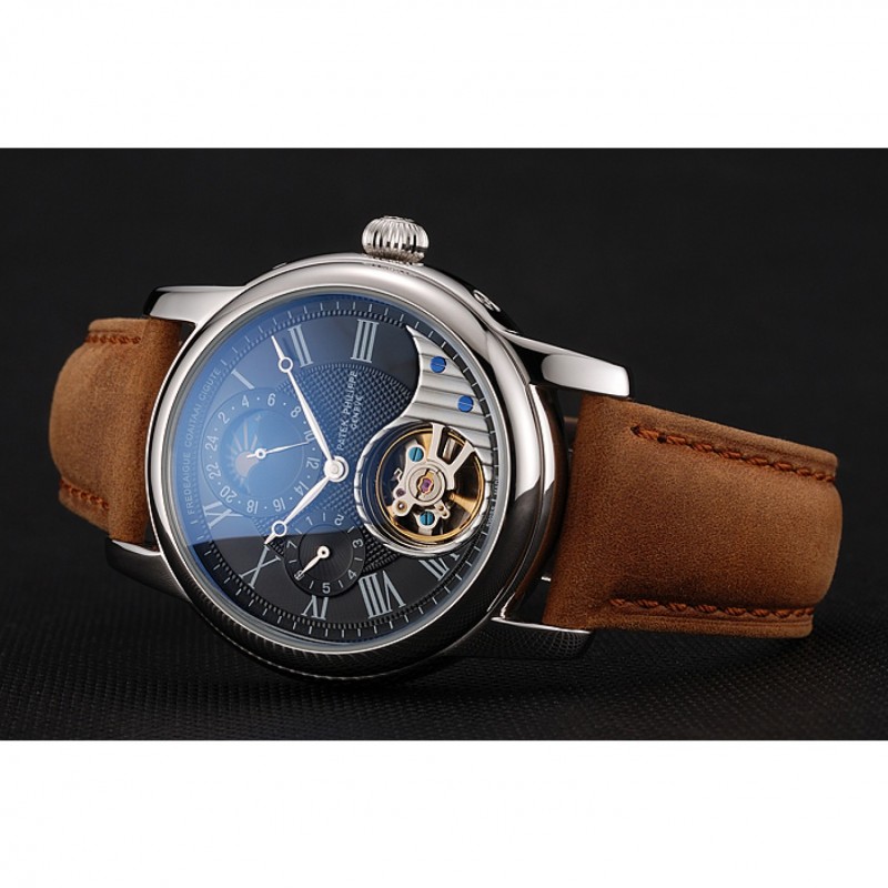 Patek Philippe Grand Complications GMT Moonphase Tourbillon Black Dial Stainless Steel Case Brown Suede Leather Strap 1453822-4
