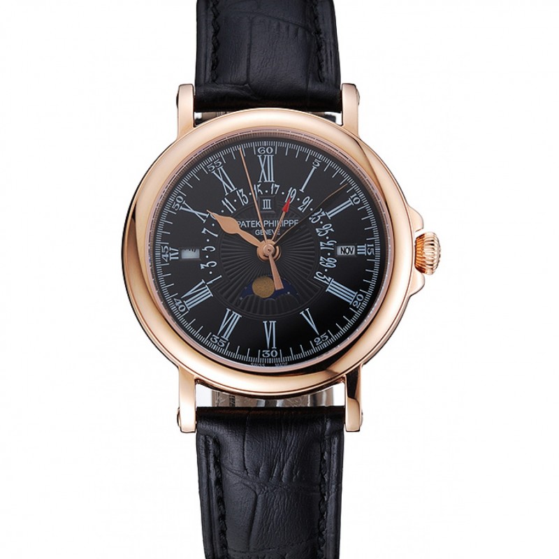 Patek Philippe Perpetual Calendar Retrograde Date Black Dial Rose Gold Case Black Leather Bracelet 1454150-0