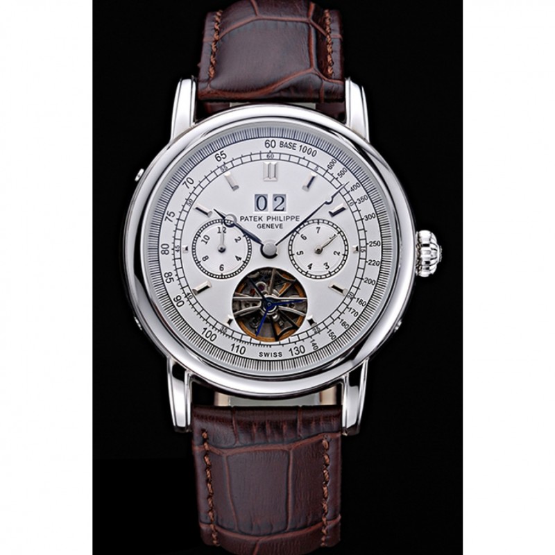 Patek Philippe Geneve Grand Complications White Dial Tourbillon Stainless Steel Bezel Brown Band 622154-1