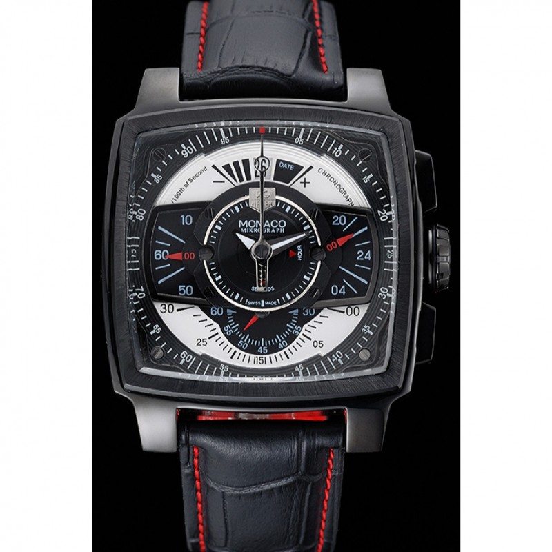High Quality Tag Heuer Monaco Black-Red Perforated Leather Strap Black Dial 80309-1