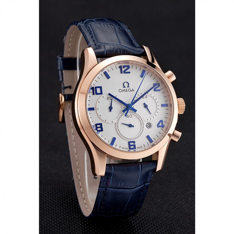 AAA Replica Watches Omega Chronograph White Dial Rose Gold Case Blue Leather Strap-2