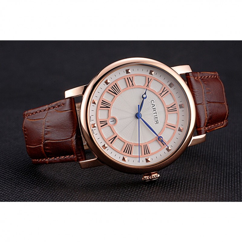SS Cartier Rotonde Date White Dial Rose Gold Case Brown Leather Strap-4